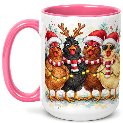 #pl[15oz|Pink] Watercolor Christmas Chickens Coffee Mug, Festive Hens Mug, Ceramic Cup