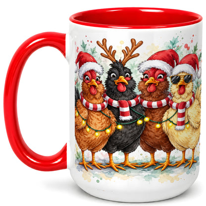 #pl[15oz|Red] Watercolor Christmas Chickens Coffee Mug, Festive Hens Mug, Ceramic Cup