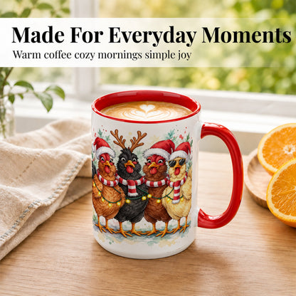 #pl[15oz|Red] Watercolor Christmas Chickens Coffee Mug, Festive Hens Mug, Ceramic Cup
