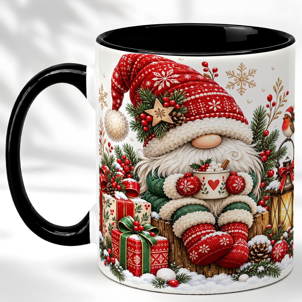 #pl[11oz|Black] Christmas Gnome Coffee Mug, Cozy Holiday Gnome Mug, Ceramic Cup