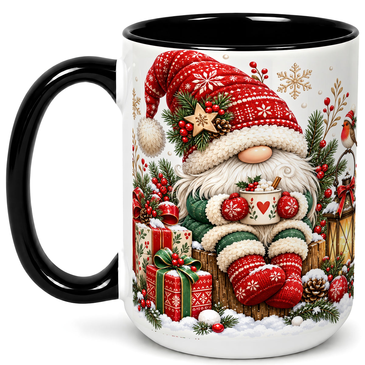 #pl[15oz|Black] Christmas Gnome Coffee Mug, Cozy Holiday Gnome Mug, Ceramic Cup