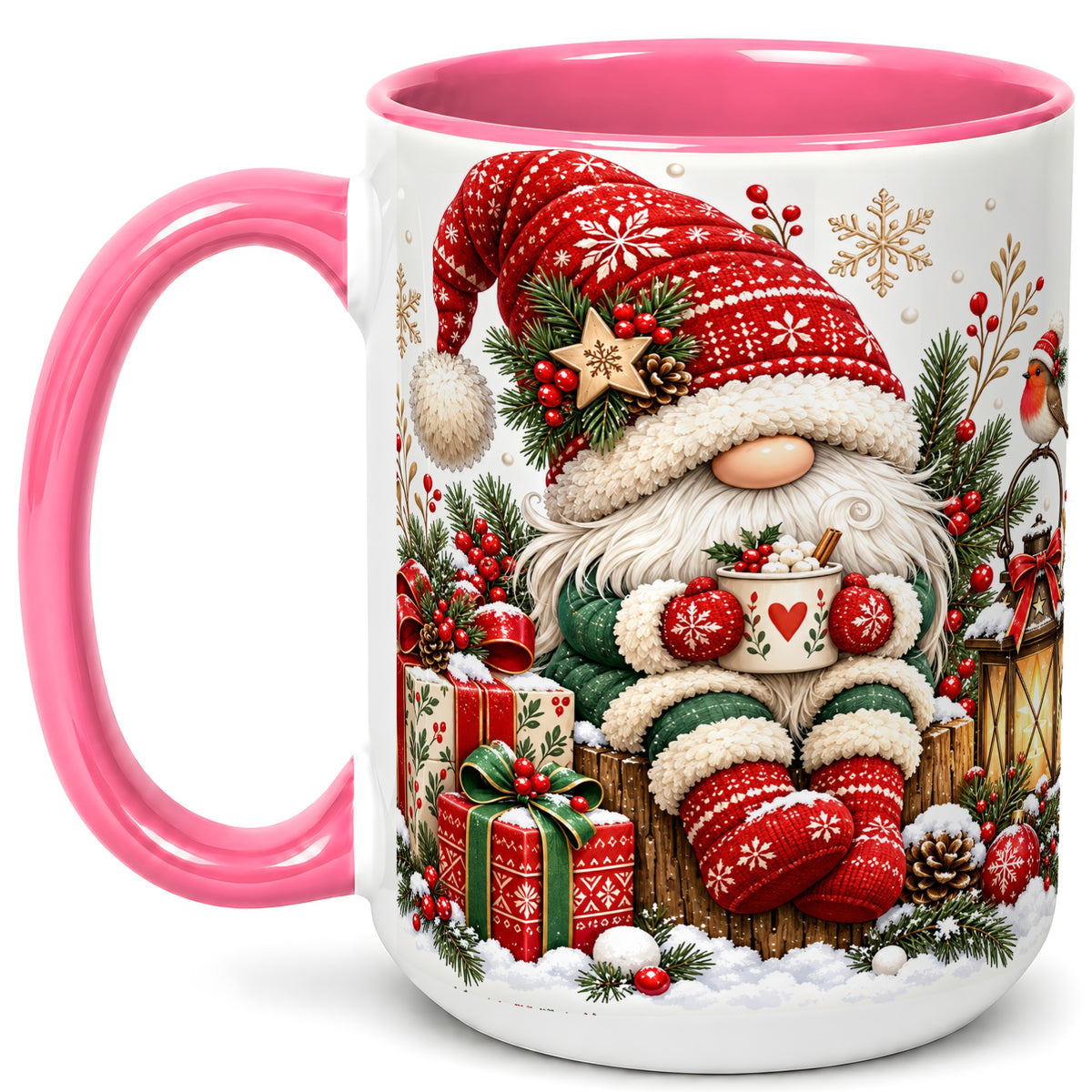 #pl[15oz|Pink] Christmas Gnome Coffee Mug, Cozy Holiday Gnome Mug, Ceramic Cup