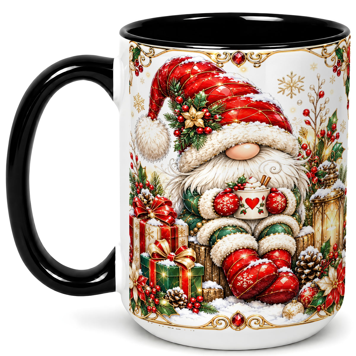 #pl[15oz|Black] Jeweled Christmas Gnome Coffee Mug, Holiday Gnome Mug, Ceramic Cup