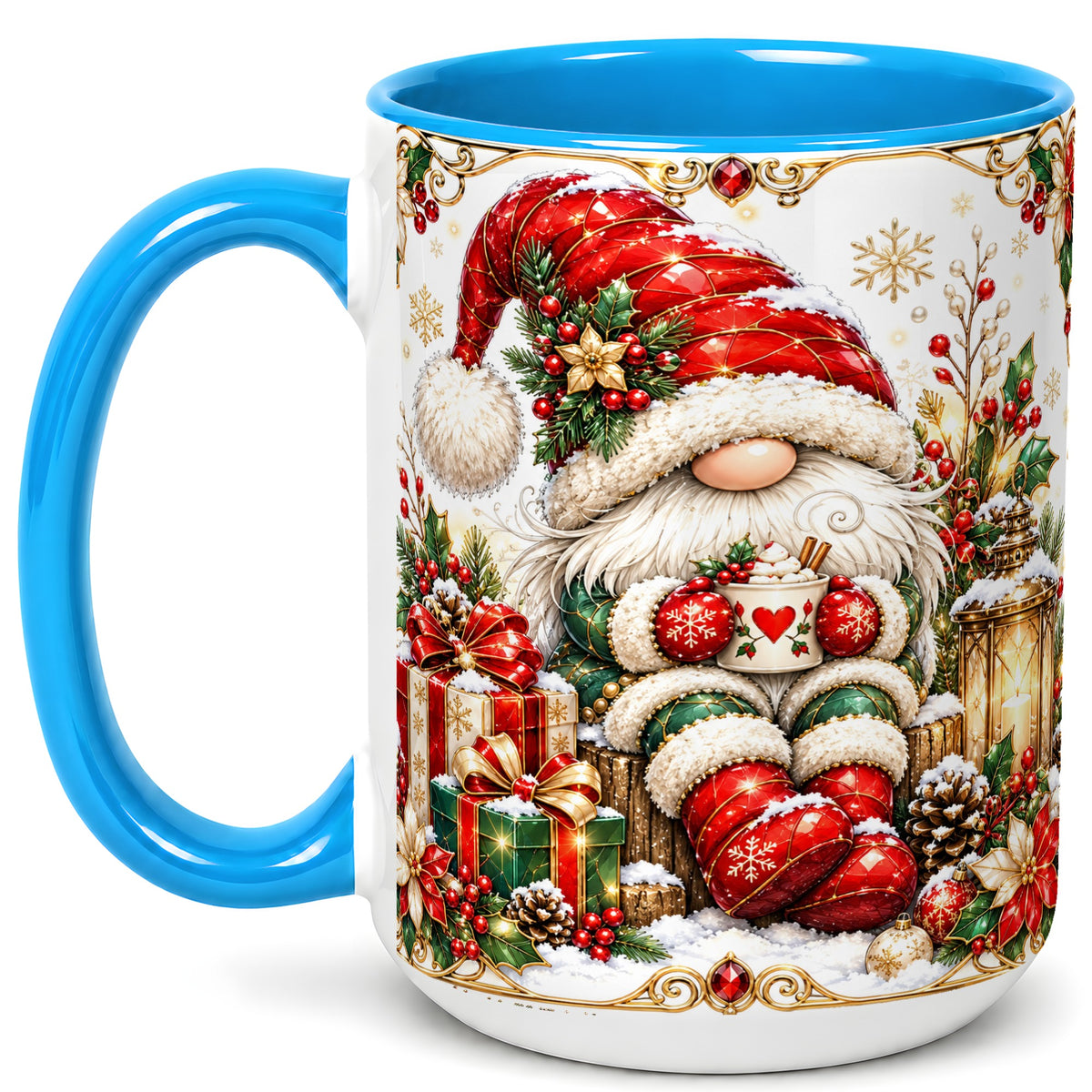 #pl[15oz|Blue] Jeweled Christmas Gnome Coffee Mug, Holiday Gnome Mug, Ceramic Cup