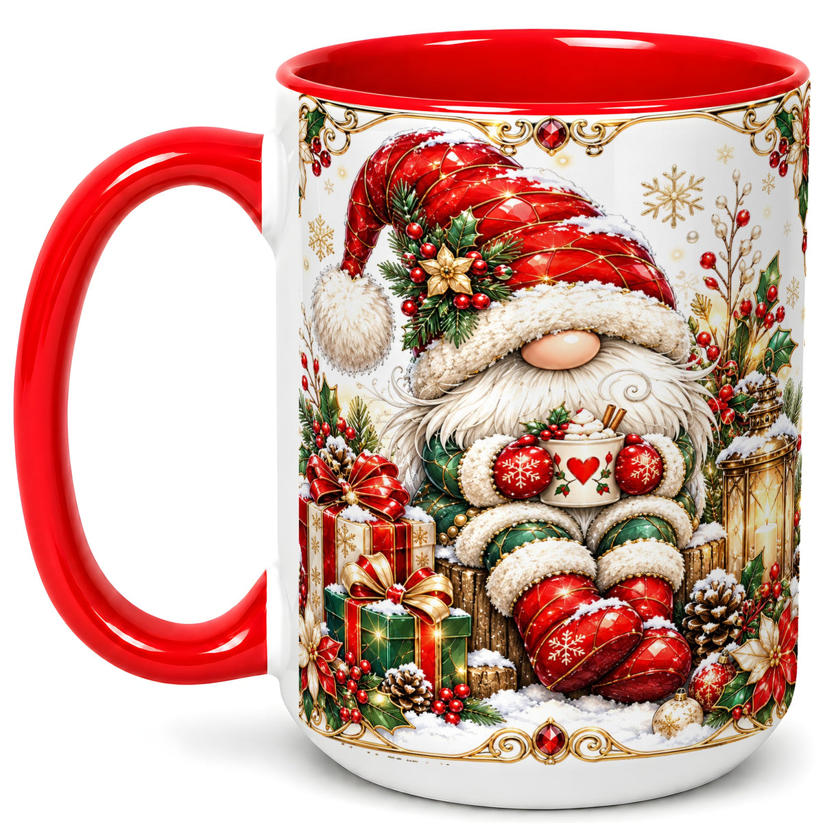 #pl[15oz|Red] Jeweled Christmas Gnome Coffee Mug, Holiday Gnome Mug, Ceramic Cup