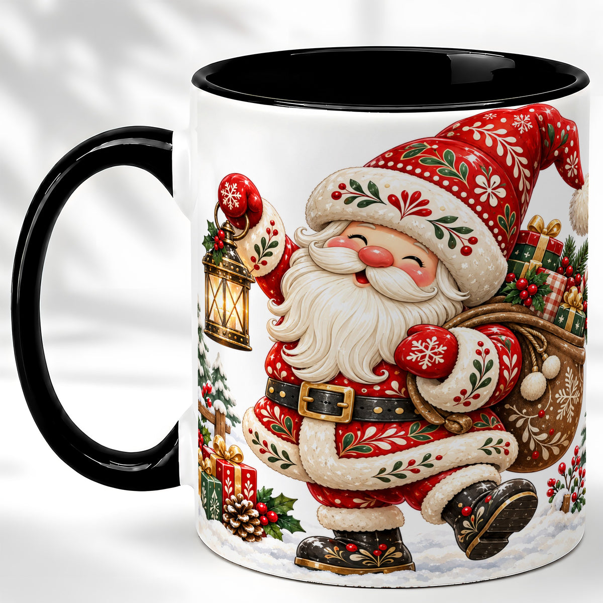 #pl[11oz|Black] Folk Art Santa Coffee Mug, Traditional Christmas Santa Mug, Ceramic Cup