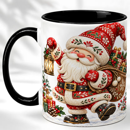 #pl[11oz|Black] Folk Art Santa Coffee Mug, Traditional Christmas Santa Mug, Ceramic Cup