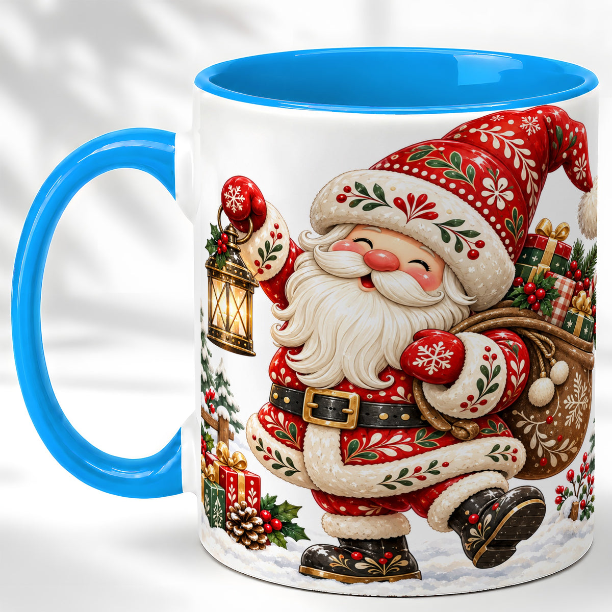 #pl[11oz|Blue] Folk Art Santa Coffee Mug, Traditional Christmas Santa Mug, Ceramic Cup