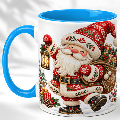 #pl[11oz|Blue] Folk Art Santa Coffee Mug, Traditional Christmas Santa Mug, Ceramic Cup