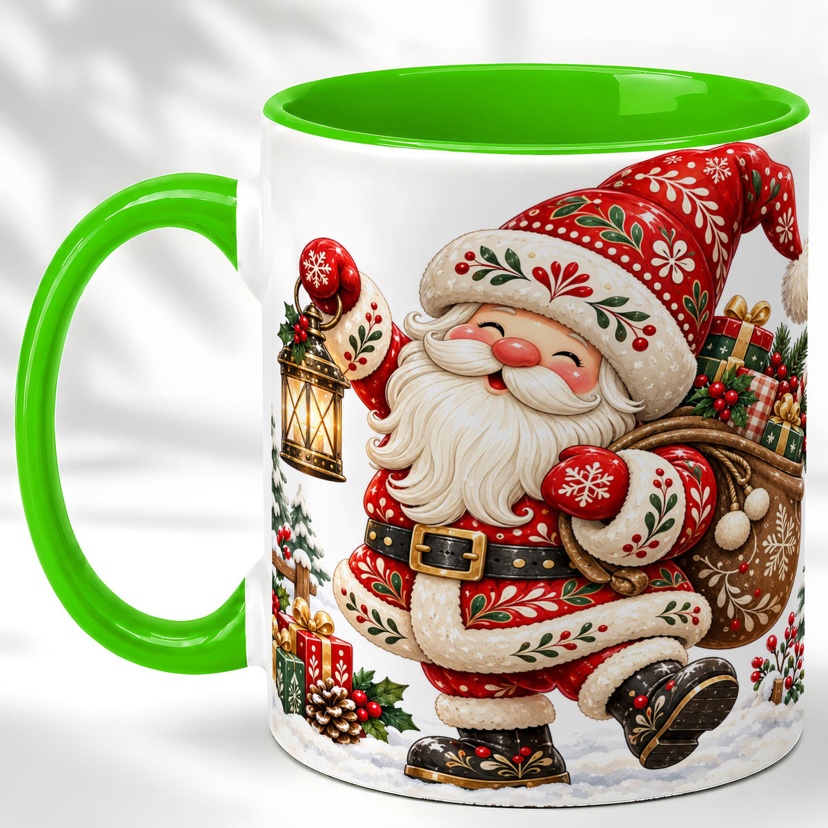 #pl[11oz|Green] Folk Art Santa Coffee Mug, Traditional Christmas Santa Mug, Ceramic Cup