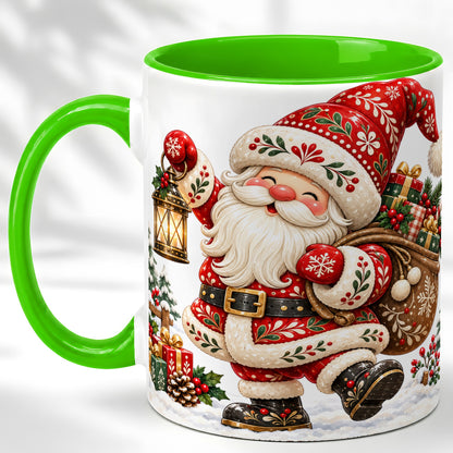 #pl[11oz|Green] Folk Art Santa Coffee Mug, Traditional Christmas Santa Mug, Ceramic Cup