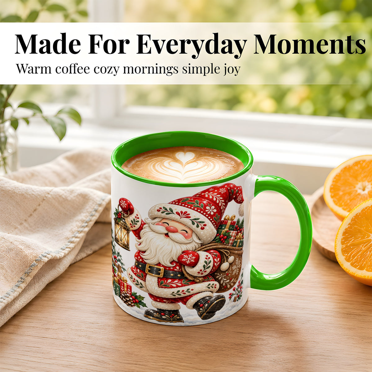 #pl[11oz|Green] Folk Art Santa Coffee Mug, Traditional Christmas Santa Mug, Ceramic Cup