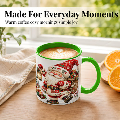 #pl[11oz|Green] Folk Art Santa Coffee Mug, Traditional Christmas Santa Mug, Ceramic Cup