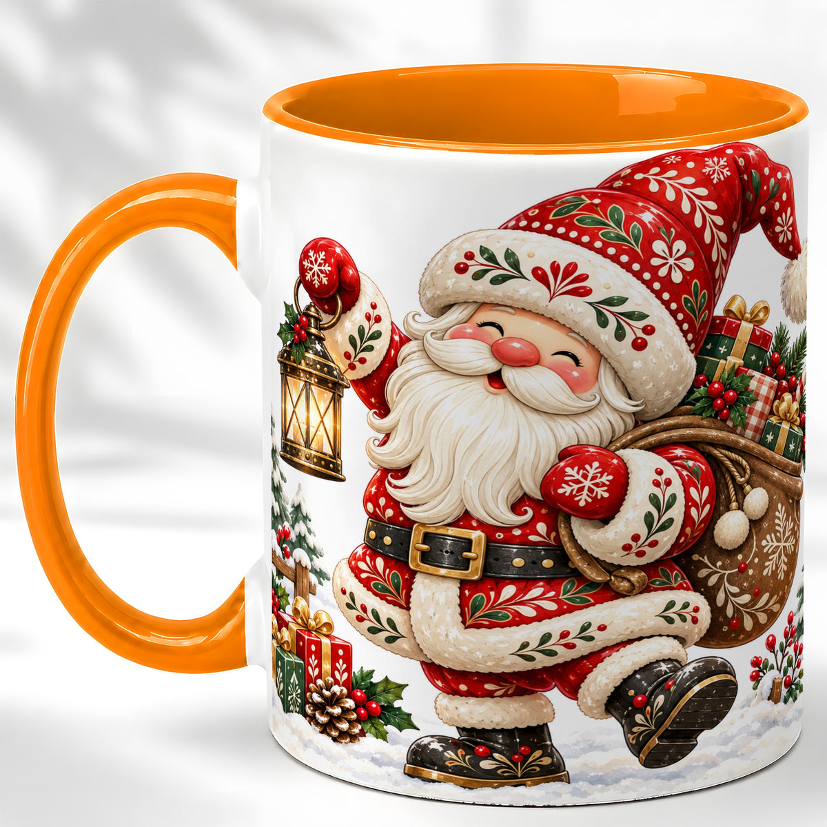 #pl[11oz|Orange] Folk Art Santa Coffee Mug, Traditional Christmas Santa Mug, Ceramic Cup