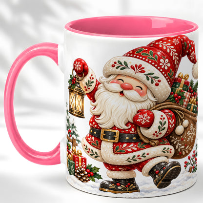 #pl[11oz|Pink] Folk Art Santa Coffee Mug, Traditional Christmas Santa Mug, Ceramic Cup