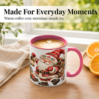 #pl[11oz|Pink] Folk Art Santa Coffee Mug, Traditional Christmas Santa Mug, Ceramic Cup