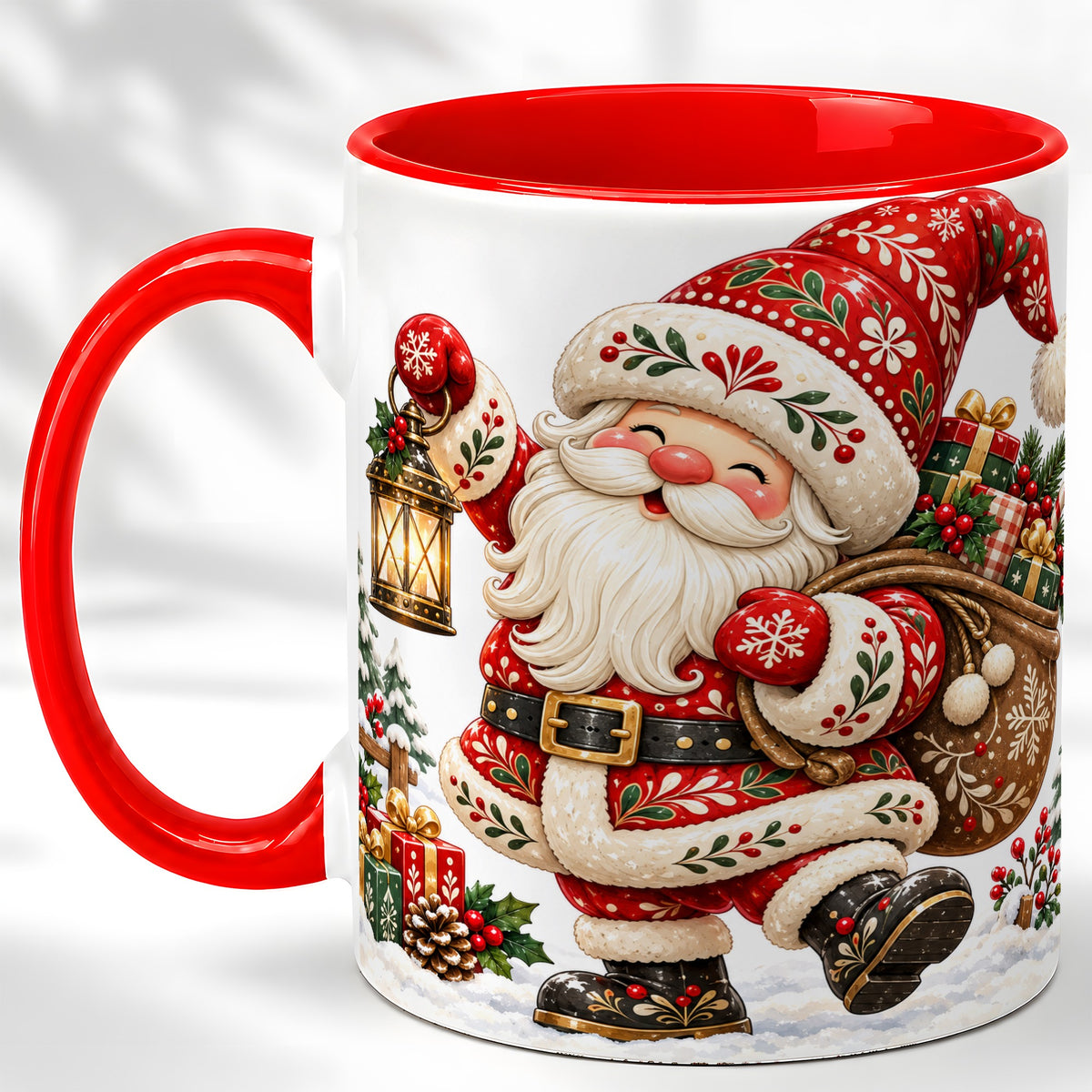 Folk Art Santa Coffee Mug, Traditional Christmas Santa Mug, Ceramic Cup