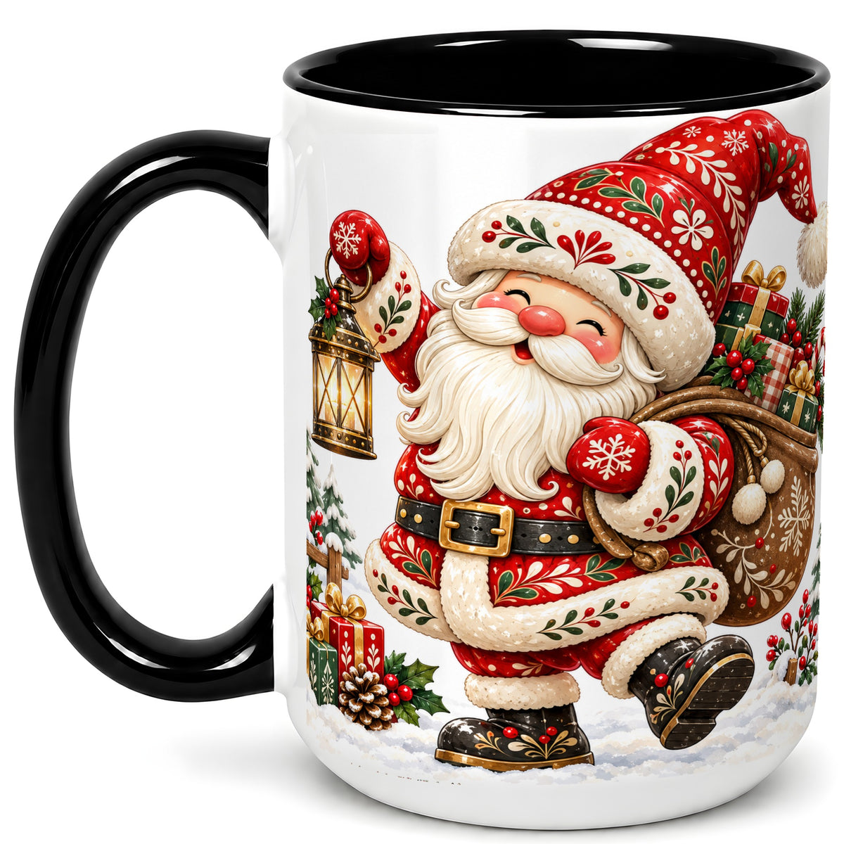 #pl[15oz|Black] Folk Art Santa Coffee Mug, Traditional Christmas Santa Mug, Ceramic Cup