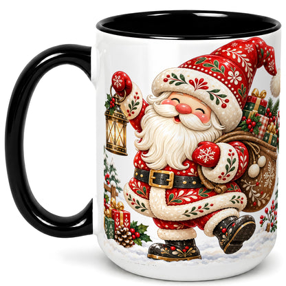 #pl[15oz|Black] Folk Art Santa Coffee Mug, Traditional Christmas Santa Mug, Ceramic Cup