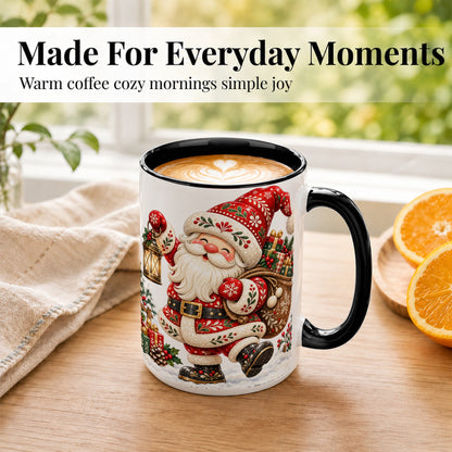 #pl[15oz|Black] Folk Art Santa Coffee Mug, Traditional Christmas Santa Mug, Ceramic Cup