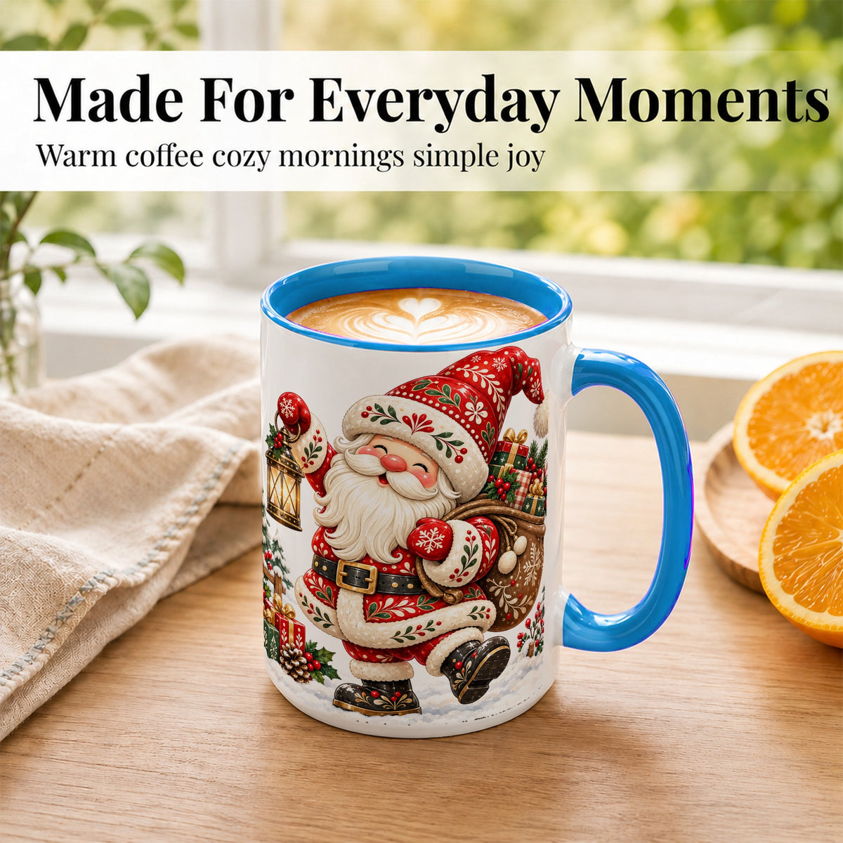 #pl[15oz|Blue] Folk Art Santa Coffee Mug, Traditional Christmas Santa Mug, Ceramic Cup