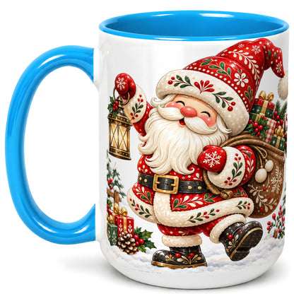 #pl[15oz|Blue] Folk Art Santa Coffee Mug, Traditional Christmas Santa Mug, Ceramic Cup