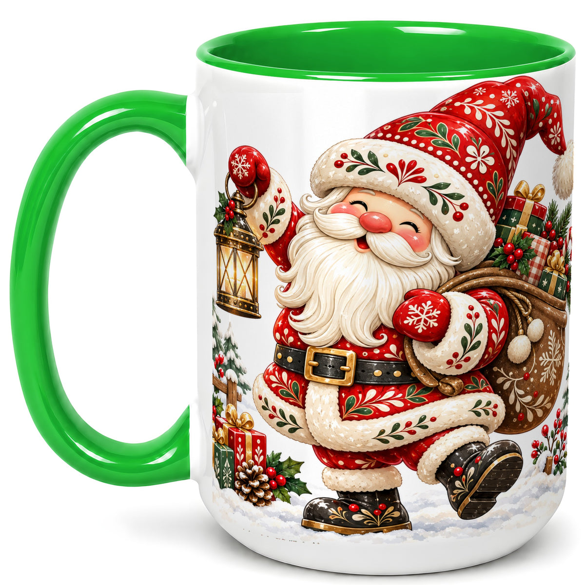 #pl[15oz|Green] Folk Art Santa Coffee Mug, Traditional Christmas Santa Mug, Ceramic Cup