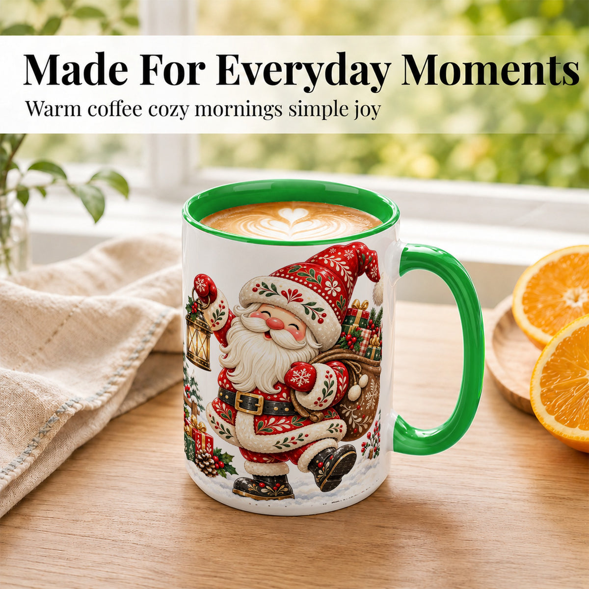 #pl[15oz|Green] Folk Art Santa Coffee Mug, Traditional Christmas Santa Mug, Ceramic Cup