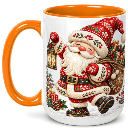 #pl[15oz|Orange] Folk Art Santa Coffee Mug, Traditional Christmas Santa Mug, Ceramic Cup