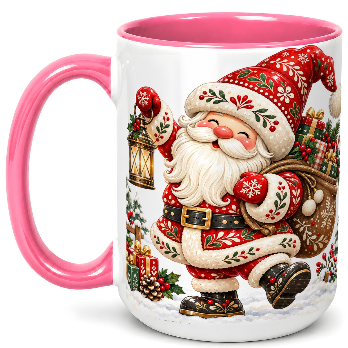 #pl[15oz|Pink] Folk Art Santa Coffee Mug, Traditional Christmas Santa Mug, Ceramic Cup