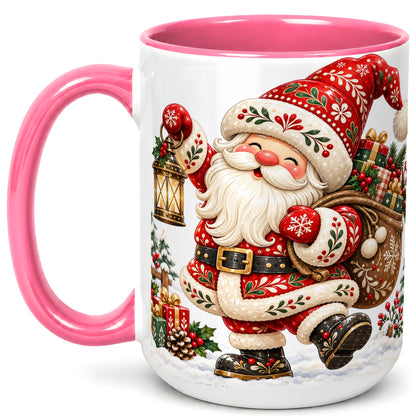 #pl[15oz|Pink] Folk Art Santa Coffee Mug, Traditional Christmas Santa Mug, Ceramic Cup