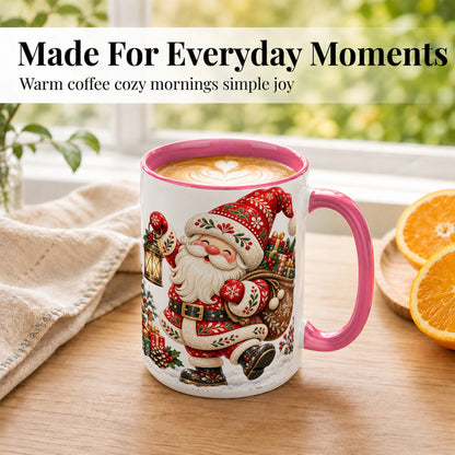 #pl[15oz|Pink] Folk Art Santa Coffee Mug, Traditional Christmas Santa Mug, Ceramic Cup