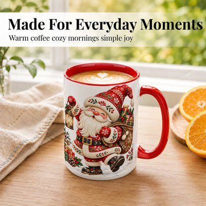#pl[15oz|Red] Folk Art Santa Coffee Mug, Traditional Christmas Santa Mug, Ceramic Cup