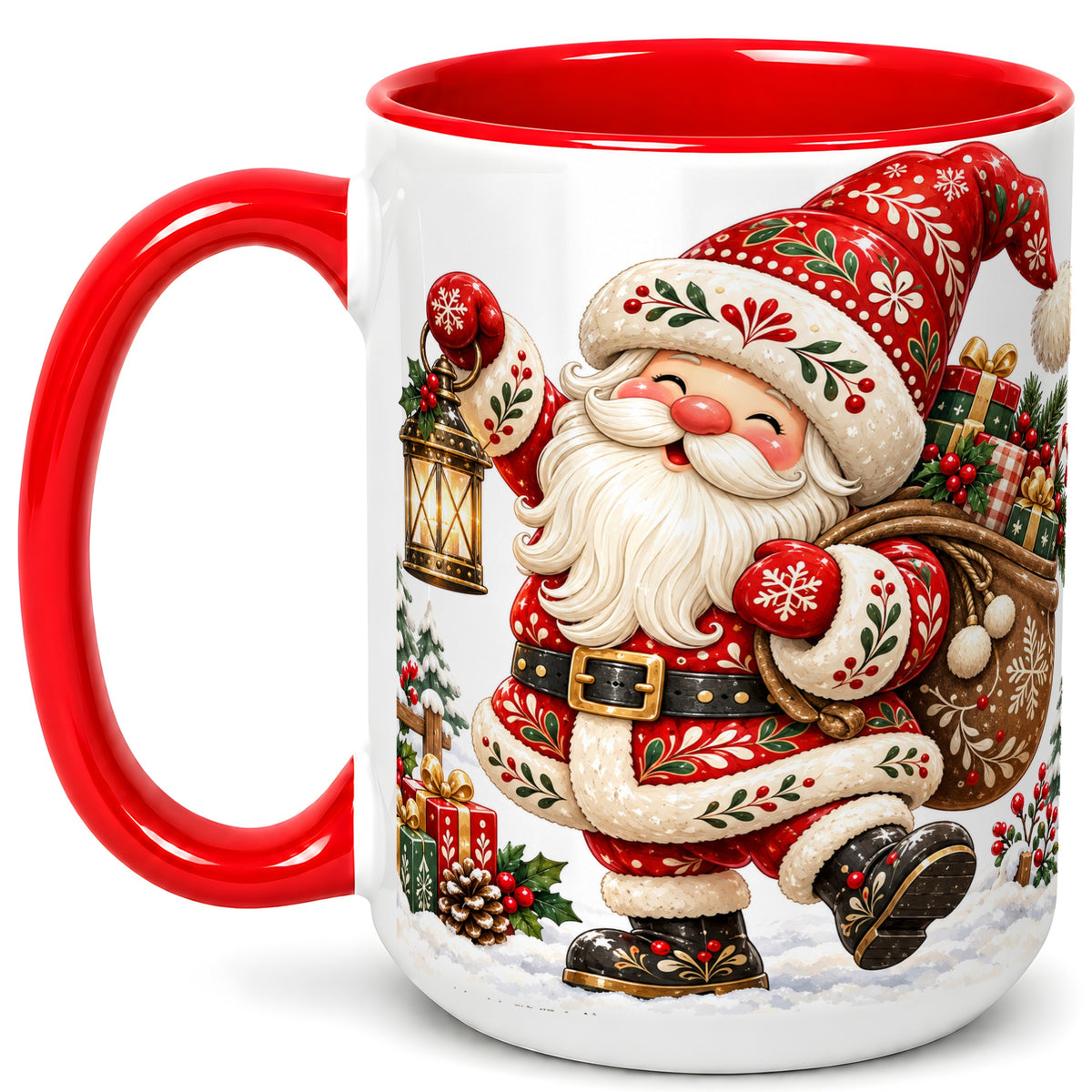 #pl[15oz|Red] Folk Art Santa Coffee Mug, Traditional Christmas Santa Mug, Ceramic Cup