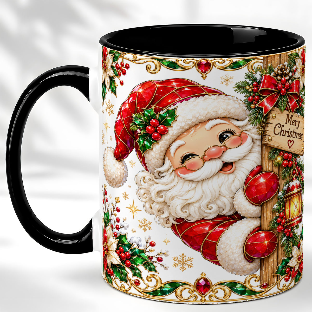 #pl[11oz|Black] Peeking Santa Coffee Mug, Merry Christmas Mug, Ceramic Cup
