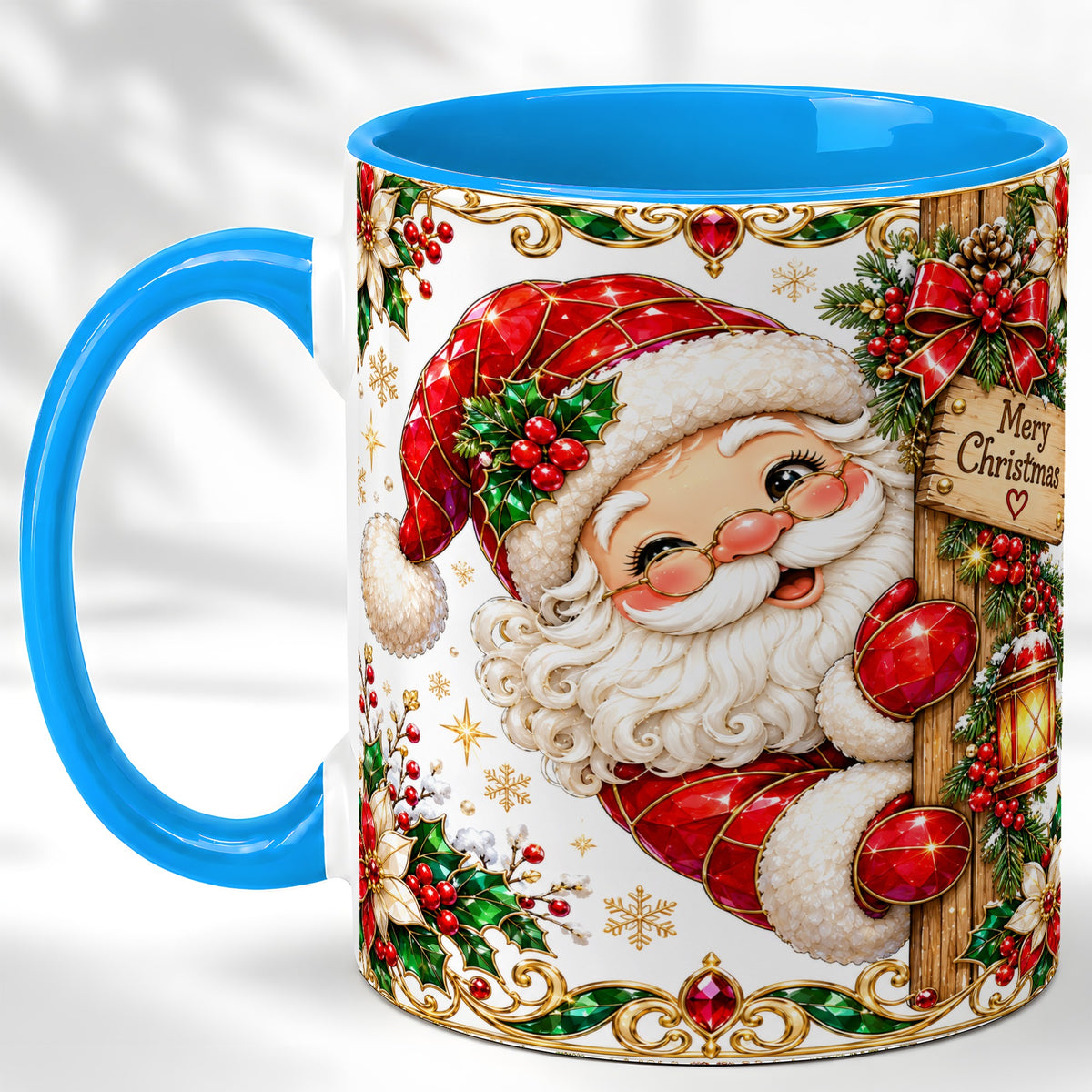 #pl[11oz|Blue] Peeking Santa Coffee Mug, Merry Christmas Mug, Ceramic Cup
