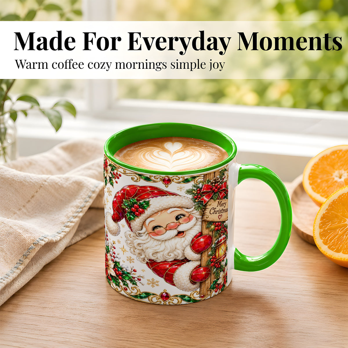 #pl[11oz|Green] Peeking Santa Coffee Mug, Merry Christmas Mug, Ceramic Cup