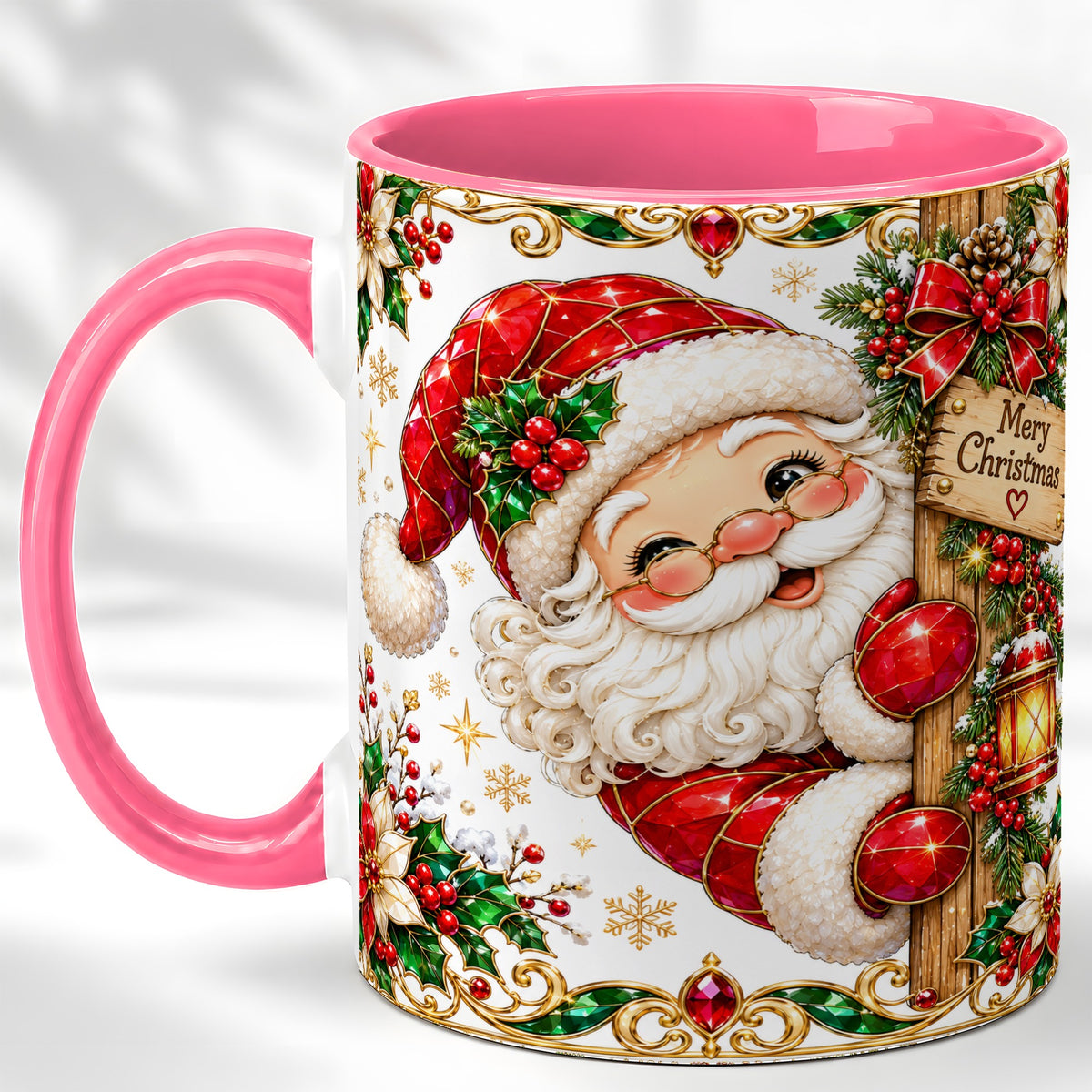 #pl[11oz|Pink] Peeking Santa Coffee Mug, Merry Christmas Mug, Ceramic Cup