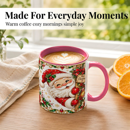 #pl[11oz|Pink] Peeking Santa Coffee Mug, Merry Christmas Mug, Ceramic Cup