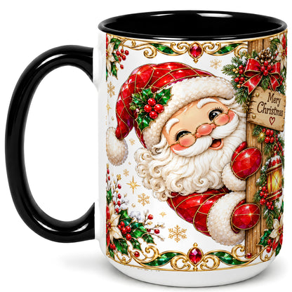 #pl[15oz|Black] Peeking Santa Coffee Mug, Merry Christmas Mug, Ceramic Cup