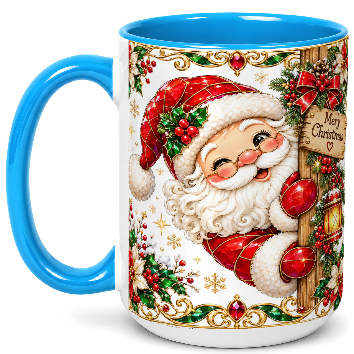 #pl[15oz|Blue] Peeking Santa Coffee Mug, Merry Christmas Mug, Ceramic Cup