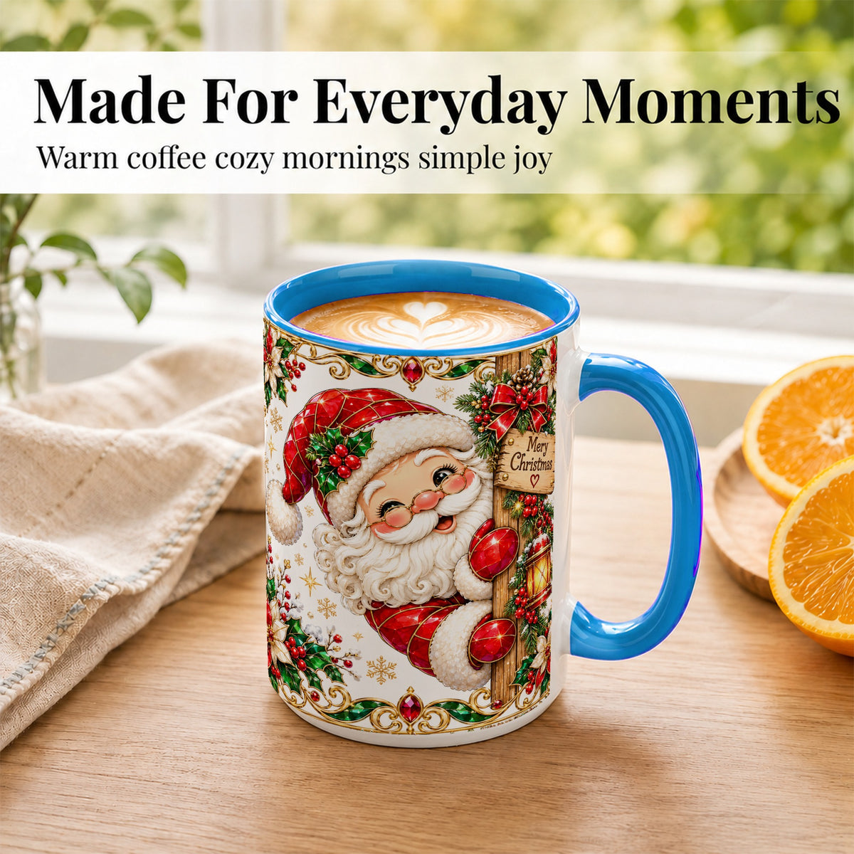 #pl[15oz|Blue] Peeking Santa Coffee Mug, Merry Christmas Mug, Ceramic Cup