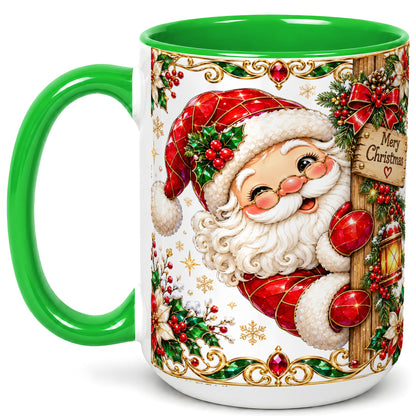 #pl[15oz|Green] Peeking Santa Coffee Mug, Merry Christmas Mug, Ceramic Cup