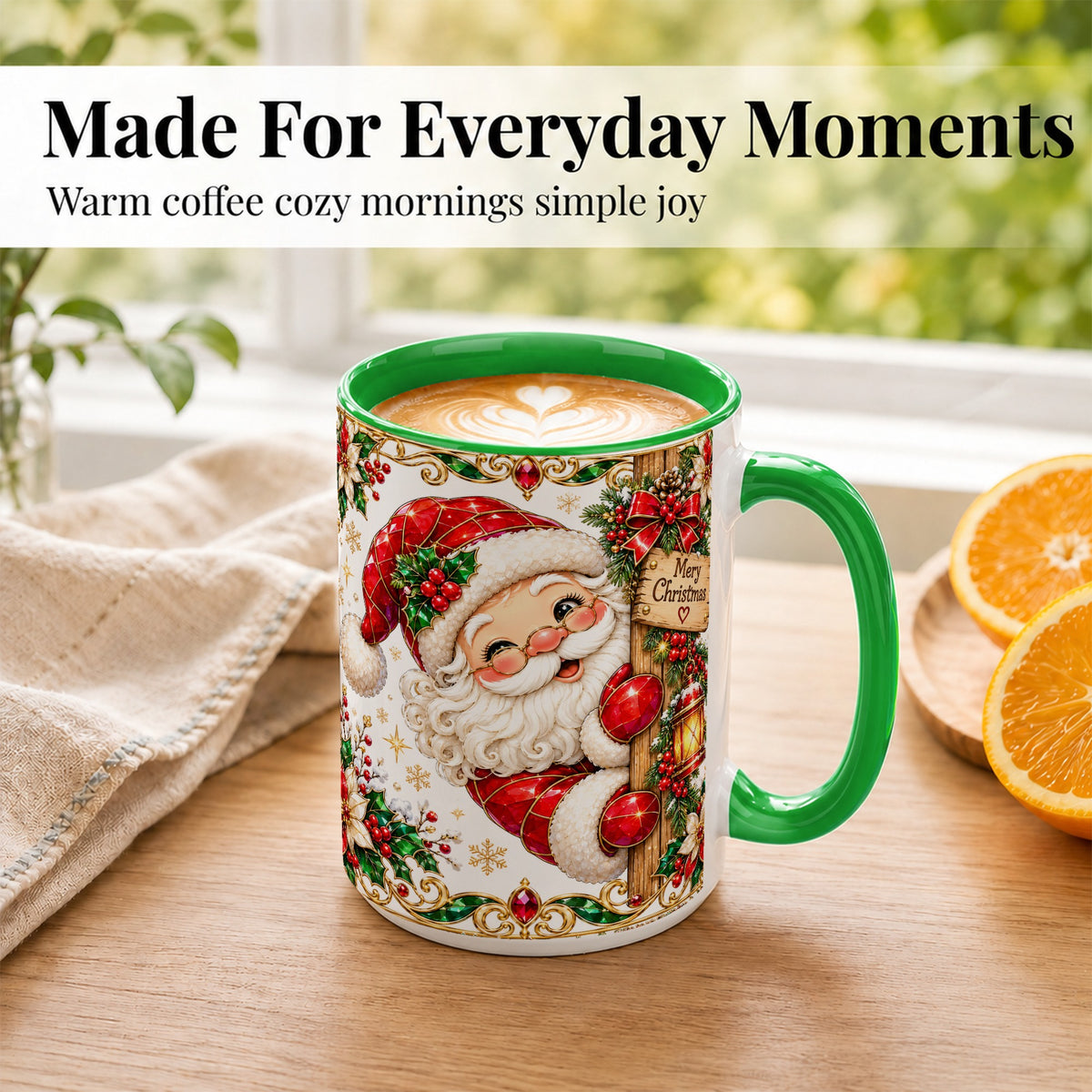 #pl[15oz|Green] Peeking Santa Coffee Mug, Merry Christmas Mug, Ceramic Cup