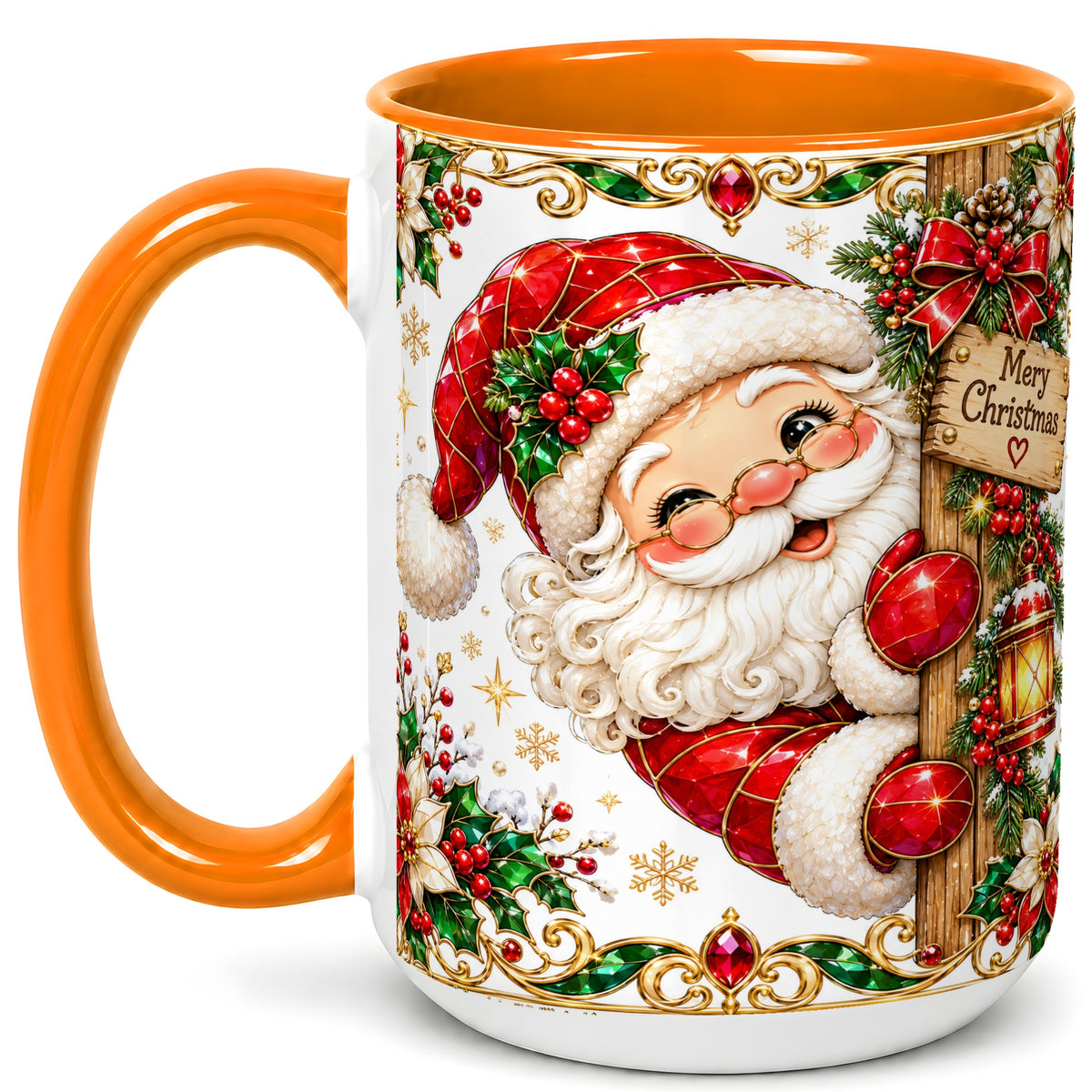 #pl[15oz|Orange] Peeking Santa Coffee Mug, Merry Christmas Mug, Ceramic Cup