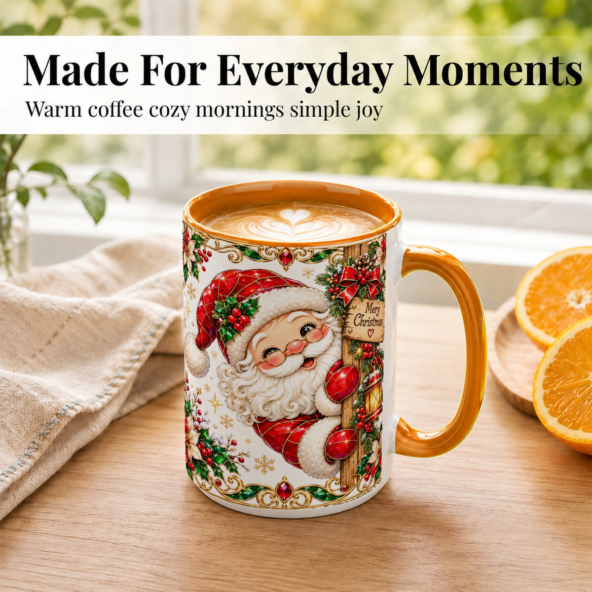 #pl[15oz|Orange] Peeking Santa Coffee Mug, Merry Christmas Mug, Ceramic Cup