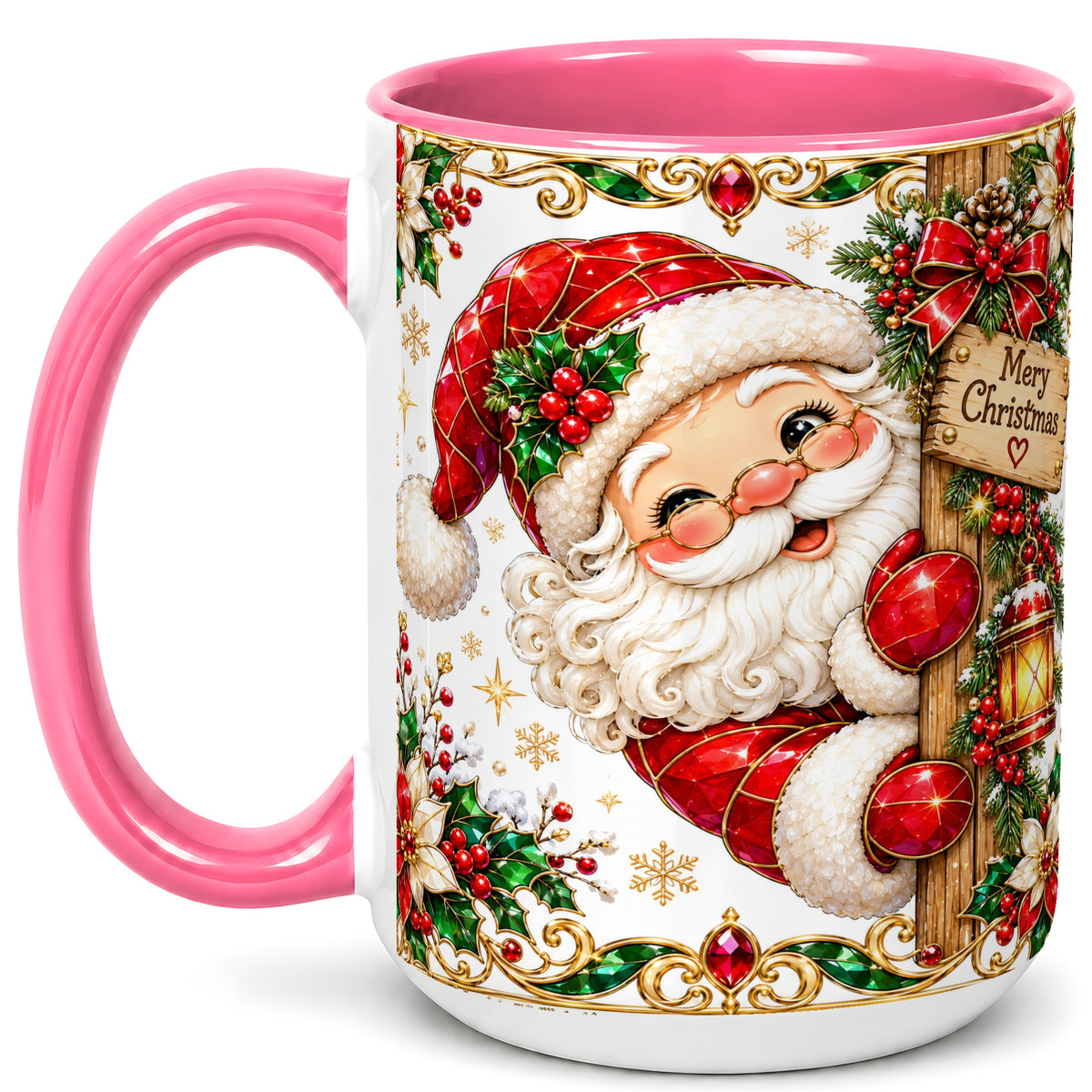 #pl[15oz|Pink] Peeking Santa Coffee Mug, Merry Christmas Mug, Ceramic Cup