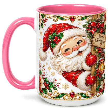 #pl[15oz|Pink] Peeking Santa Coffee Mug, Merry Christmas Mug, Ceramic Cup