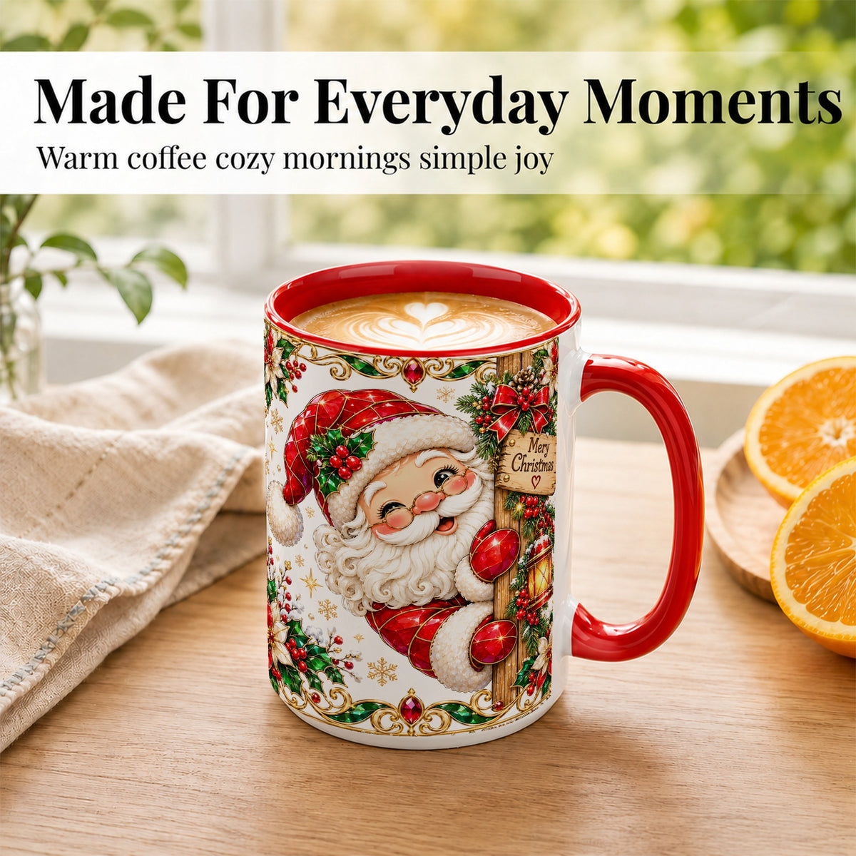#pl[15oz|Red] Peeking Santa Coffee Mug, Merry Christmas Mug, Ceramic Cup