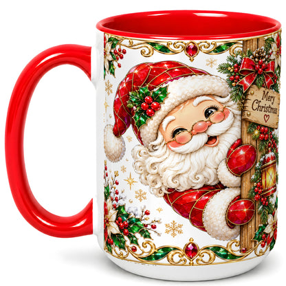 #pl[15oz|Red] Peeking Santa Coffee Mug, Merry Christmas Mug, Ceramic Cup